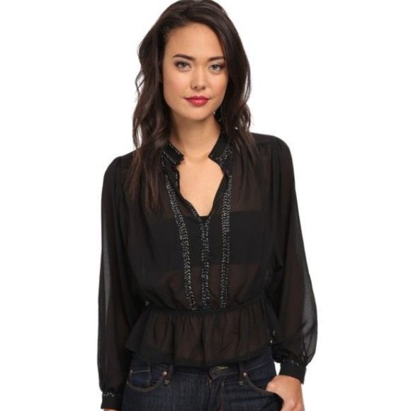 Free People Black beaded long sleeve Sheer Blouse, Small Size - Picture 1 of 12